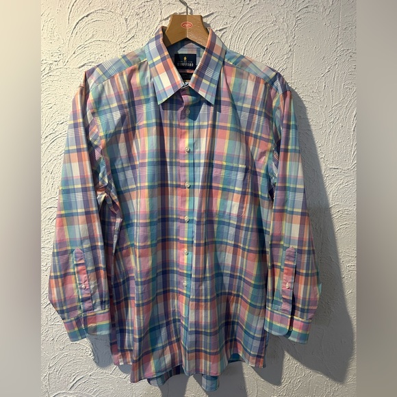 Men’s Stafford Travel Performance Super Plaid Long Sleeve Shirt Blue Purple - Picture 1 of 5
